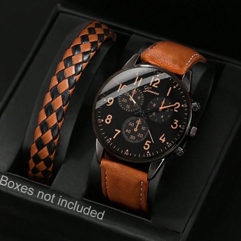 Men's Brown Casual Round Dial Analog Quartz Watch and Bracelet Set for Men