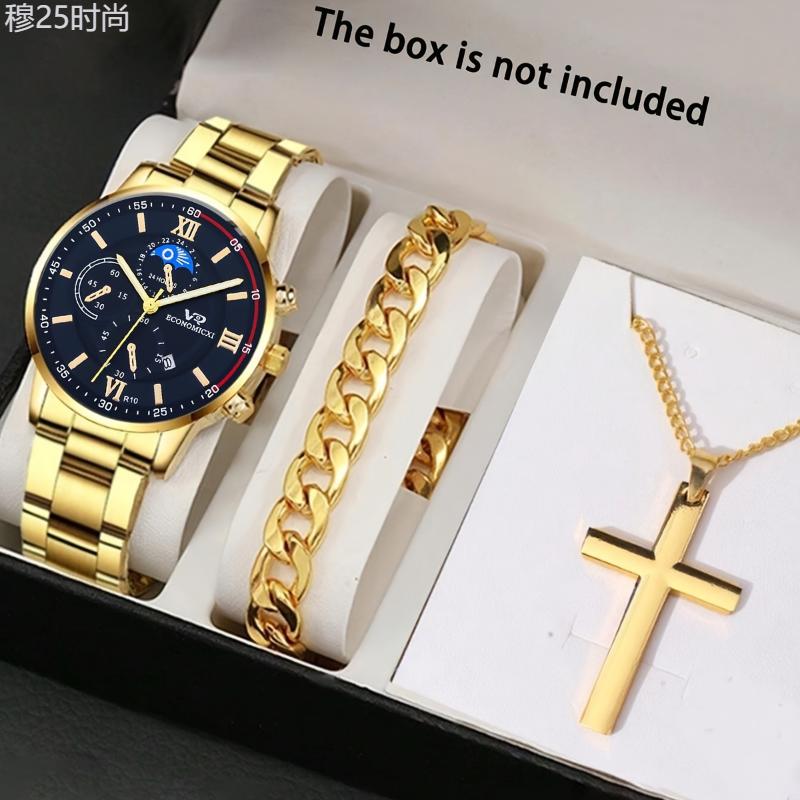 3Pcs Fashionable Men's Quartz Watch Set with Calendar Function, Round Zinc Alloy Case, Electronic Drive Alloy Strap Watch & Cross Pendant Necklace - For Men - Ideal Gift for Dad, Boyfriend, Son for Birthday, Christmas, Halloween, Back to Sc