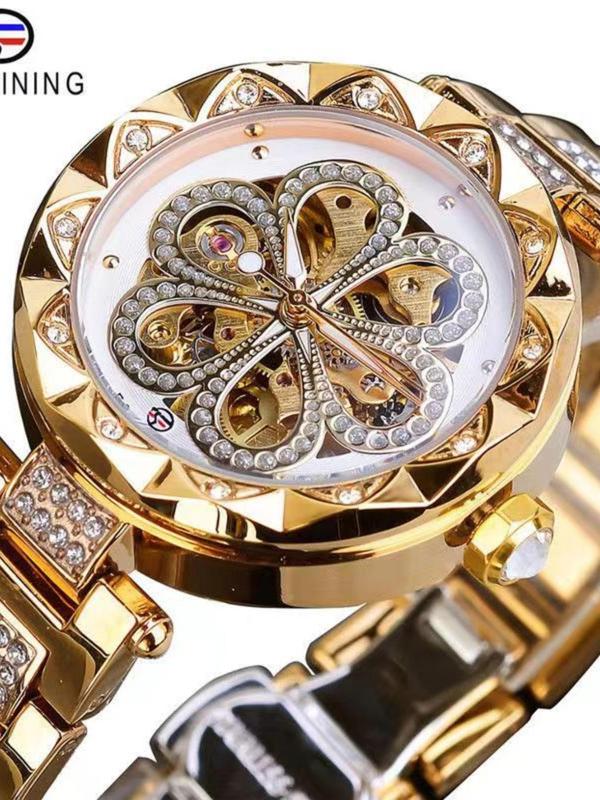 Women's Elegant Rhinestone Decorated Mechanical Watch, Fashionable Round Dial Watch for Women & Girls, Trendy Exquisite Watch for Birthday Gift with Box