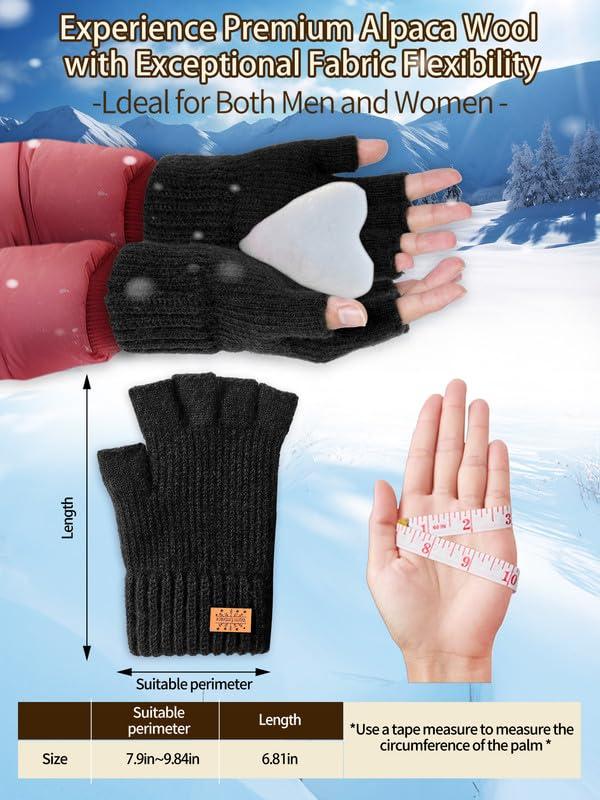 Winter Fingerless Gloves for Women Men, Warm Alpaca Wool Stretch Knit Cold Weather Adult Half Finger Glove for Driving