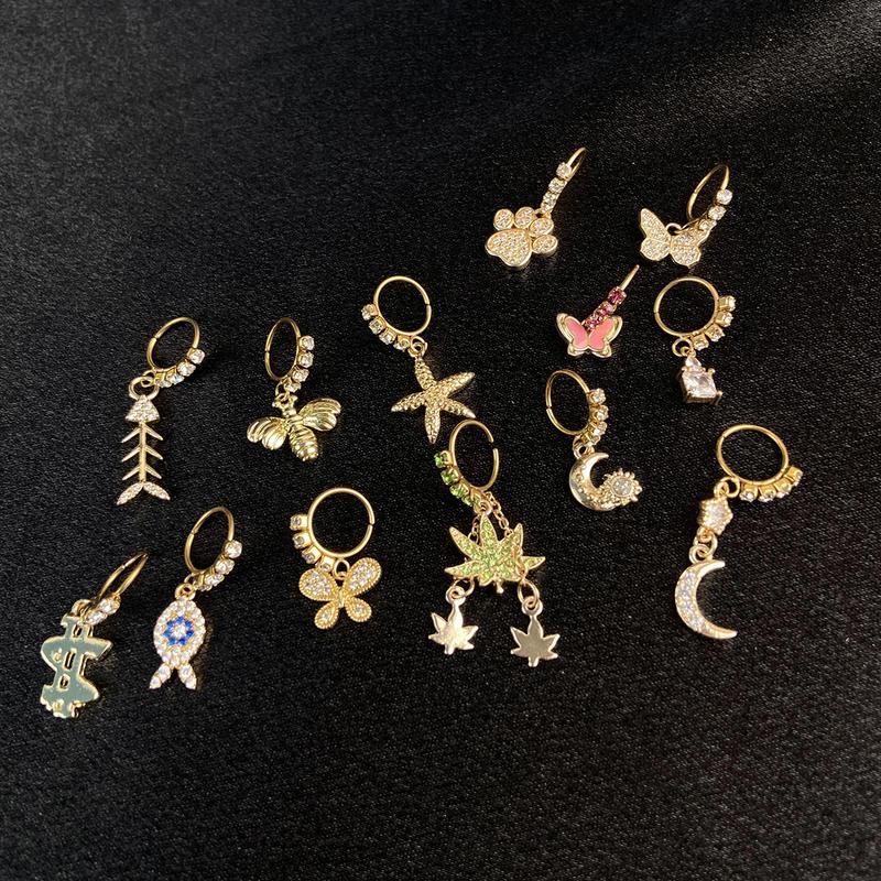 1 Piece 22G CZ Dangle Nose Rings Stainless Steel Nose Studs Crystal Butterfly Fish Bee Stars Moon Starfish Leaf Dangling Hoop Surgical Piercing Body Jewelry Bone Nostrial Tragus Studs Fashion Dainty for Women Unisex