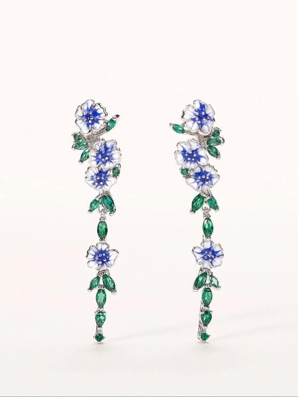 Fashion Elegant Rhinestone Decorated Flower Dangle Earrings As Gift, 2024 New Trendy Vintage Leaf Design Earrings for Women, Anniversary, Engagement, Wedding, Gifts for Women and Girls