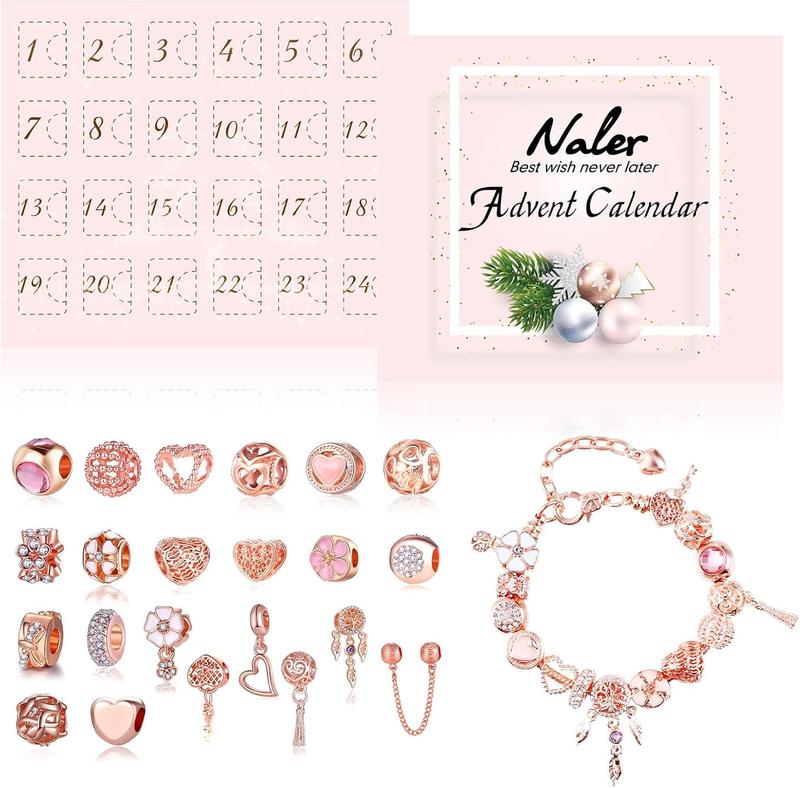 Naler Christmas Jewelry Advent Calendar 2024 Christmas Countdown Calendar Jewelry Kit for Women - Includes 22 Pendant Beads Jewelry, 1 Necklace, 1 Bracelet, Rose Gold