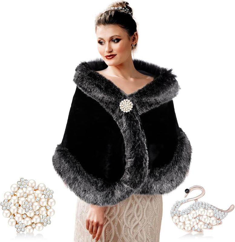 Faux  Shawl Wraps for Women with 2 Rhinestone Brooches Wedding Bridal Faux  Cape Stoles Coat Jacket