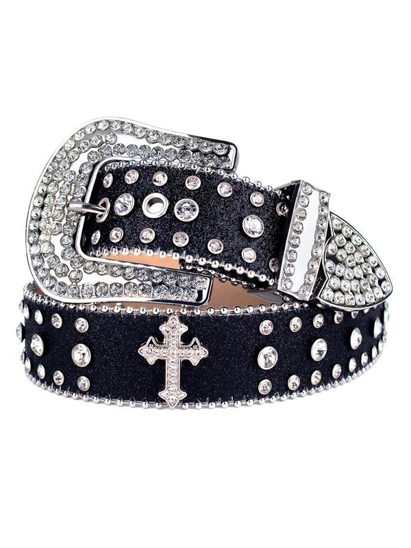 Rhinestone & Cross Decorated Grommet Belt, Punk Style Grommet Eyelet Design Belt for Men & Women, Fashion Belt for Daily Clothing Decor, Trendy All-match & Exquisite Belt for Birthday Gift