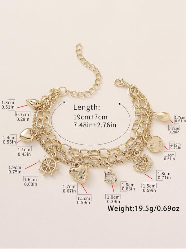 Women's Elegant Heart & Flower & Wheel Design Charm Bracelet, Fashion Jewelry for Party, Daily Clothing Decor, Trendy All-match & Exquisite Jewelry for Birthday Gift