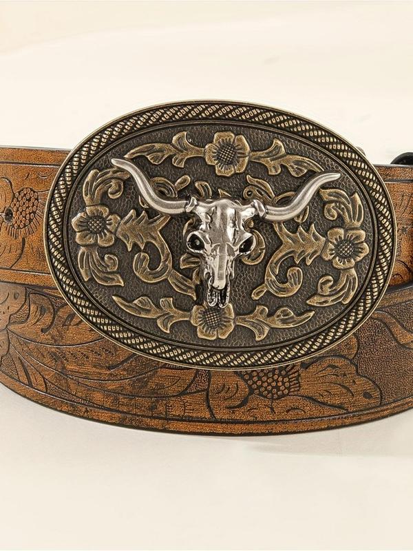 Vintage Flowers Embossed Western Belt with Cow Decor Buckle, Pu Leather Buckle Cowboy Waistband for Jeans, Trendy Designer Belt Accessories for Fall 2024, Fall Outfits, Earthtone Fall Freshness Fall Outfits For Women, 80s