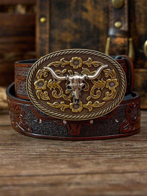 Boho Style Cowboy Bull Head Decorated Belt, Vintage Western Belt for Men & Women, Fashion Accessories for Daily Wear