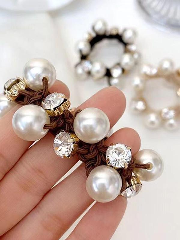 3pcs set Elegant Faux Pearl Decorated High Elastic Hair Tie, Rhinestone Decor Ponytail Holder, Casual Simple Plain Hair Accessories for Women