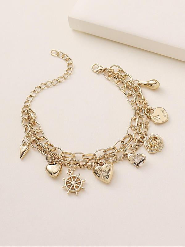 Women's Elegant Heart & Flower & Wheel Design Charm Bracelet, Fashion Jewelry for Party, Daily Clothing Decor, Trendy All-match & Exquisite Jewelry for Birthday Gift