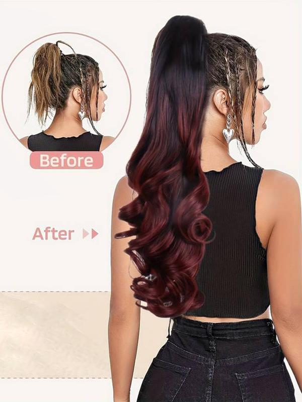 20 Inch Long Wavy Black & Red Ponytail Extension, Fashionable Gorgeous Fluffy Wigs with Claw Clip for Women, Synthetic Hair Extensions for Party, Daily Use