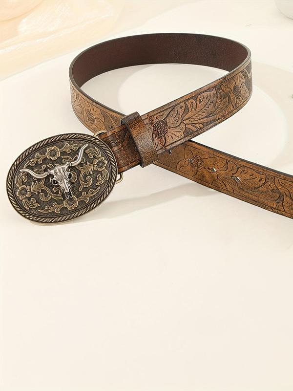 Vintage Flowers Embossed Western Belt with Cow Decor Buckle, Pu Leather Buckle Cowboy Waistband for Jeans, Trendy Designer Belt Accessories for Fall 2024, Fall Outfits, Earthtone Fall Freshness Fall Outfits For Women, 80s