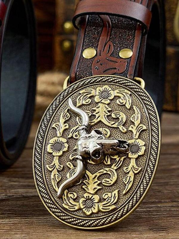 Boho Style Cowboy Bull Head Decorated Belt, Vintage Western Belt for Men & Women, Fashion Accessories for Daily Wear