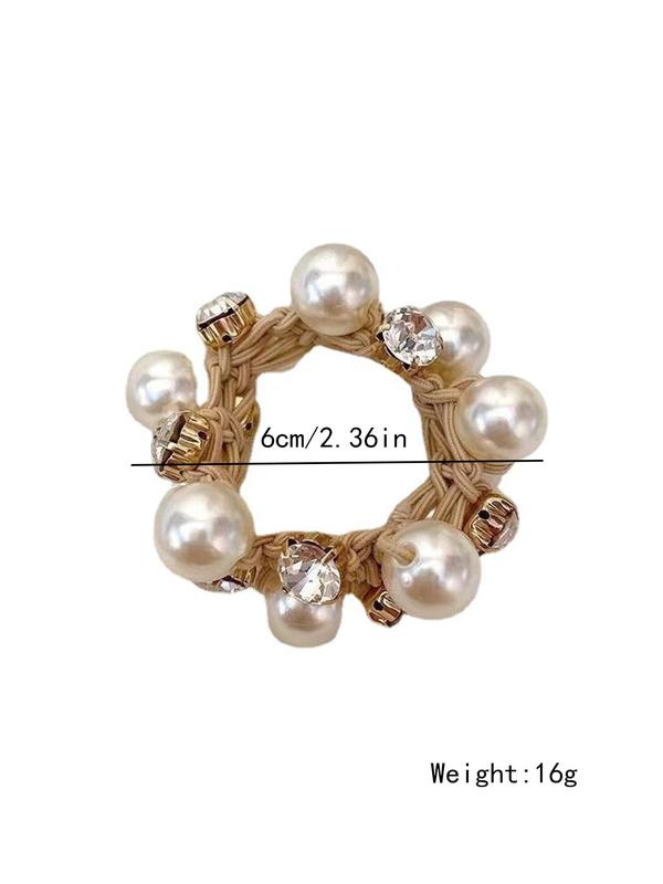 3pcs set Elegant Faux Pearl Decorated High Elastic Hair Tie, Rhinestone Decor Ponytail Holder, Casual Simple Plain Hair Accessories for Women