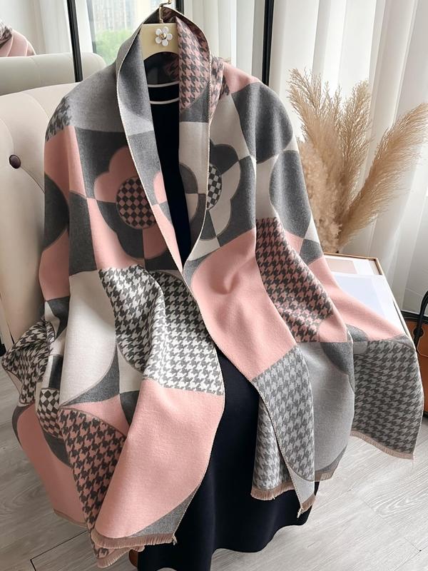 Boho Style Houndstooth Pattern Fringe Trim Design Scarf, Casual Soft Warm Shawl for Fall & Winter, Fashion Accessories for Women & Men