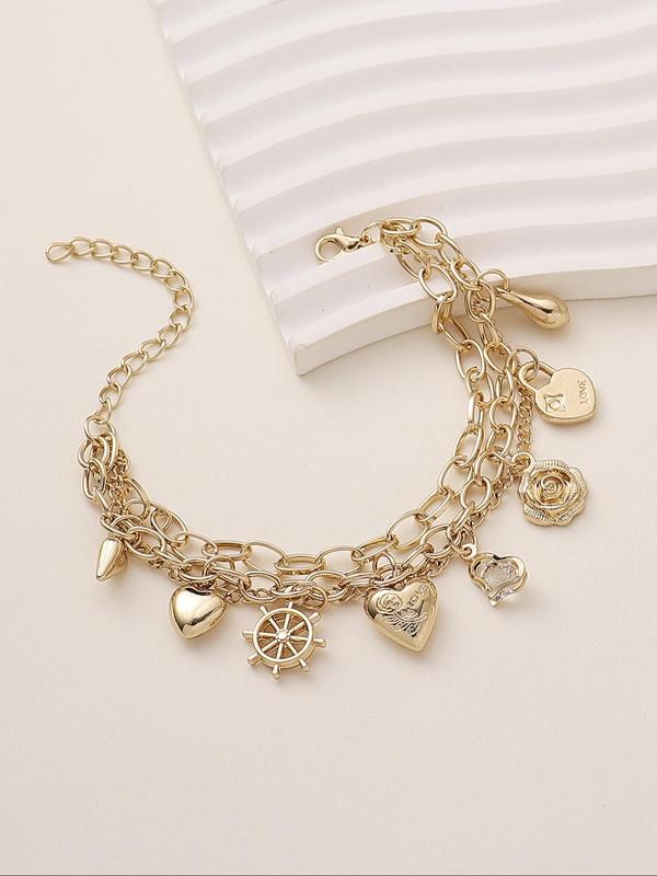 Women's Elegant Heart & Flower & Wheel Design Charm Bracelet, Fashion Jewelry for Party, Daily Clothing Decor, Trendy All-match & Exquisite Jewelry for Birthday Gift