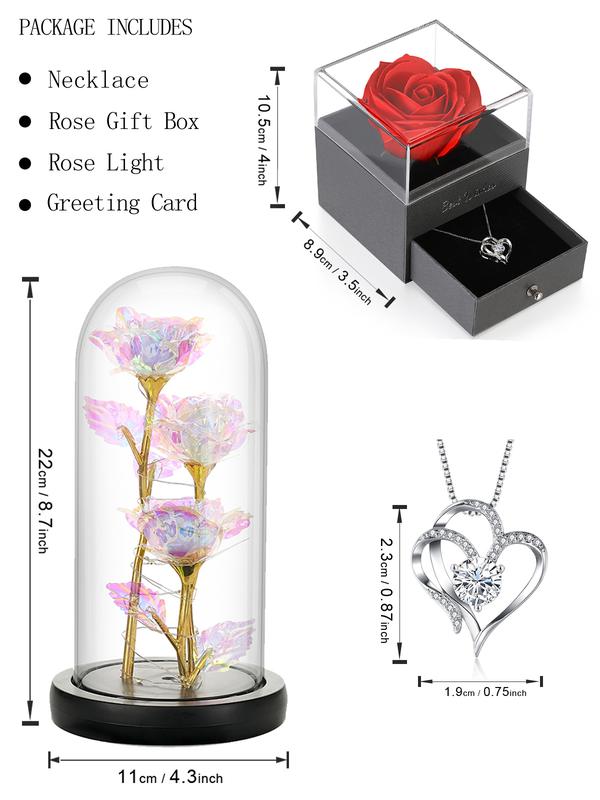 2 Piece Gifts Set for Women,  Light Up Rose in Glass-Preserved Rose with Heart Necklace,Gifts for Mom boyfriend Wife Women Sister Grandma Girlfriend Her, Mothers Gifts Day from Daughter Son Birthday Christmas Valentines Day rose box