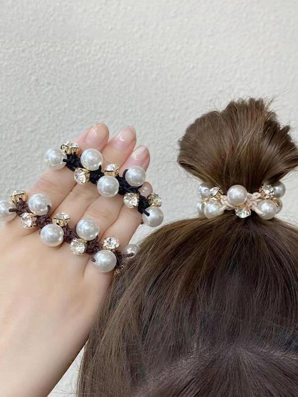 3pcs set Elegant Faux Pearl Decorated High Elastic Hair Tie, Rhinestone Decor Ponytail Holder, Casual Simple Plain Hair Accessories for Women