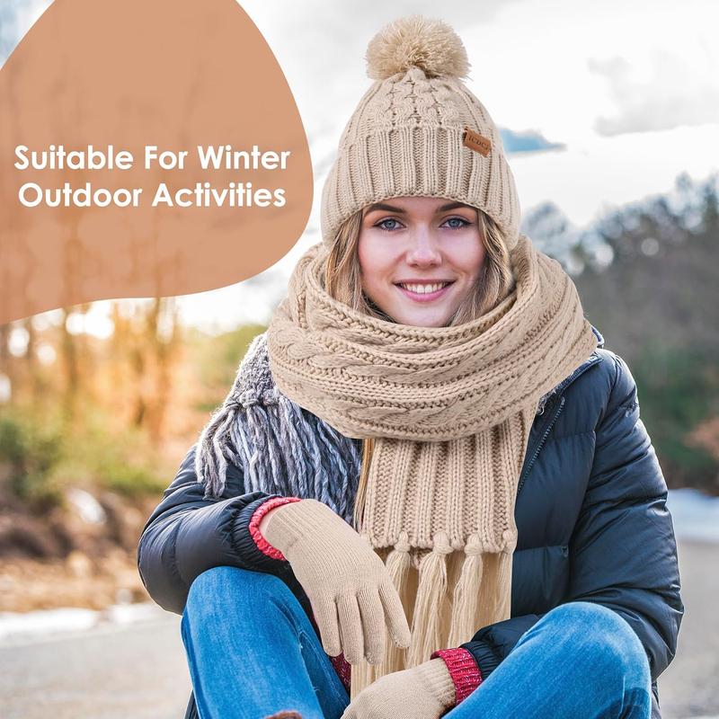 Women Winter Knit Warm Hat Beanie Scarf Gloves Set Pom Fleece Lined Hat with Long Knit Scarf, Neck Warmer Touchscreen Gloves