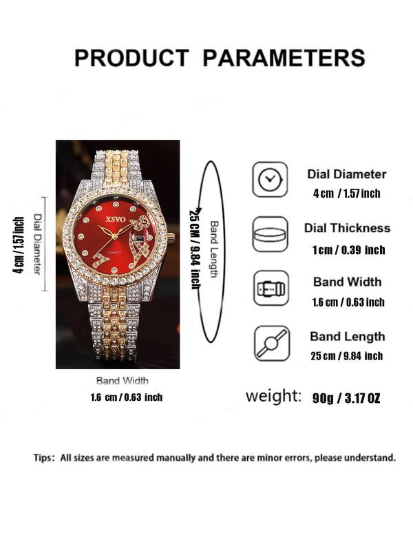 Women's Elegant Rhinestone Decorated Calendar Display Quartz Watch, Fashion Round Dial Analog Watch for Party, Daily Decor, Trendy All-match & Exquisite Watch for Birthday Gift without Box