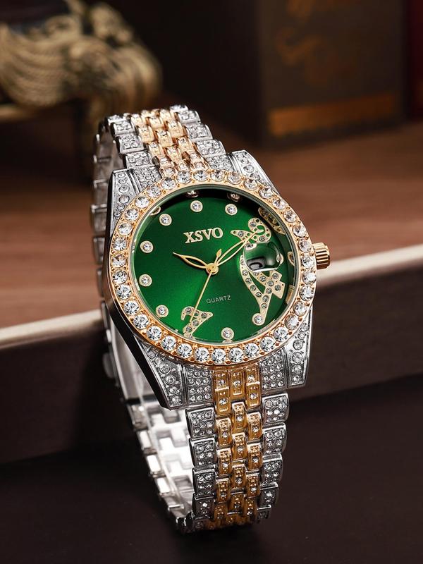 Women's Elegant Rhinestone Decorated Calendar Display Quartz Watch, Fashion Round Dial Analog Watch for Party, Daily Decor, Trendy All-match & Exquisite Watch for Birthday Gift without Box