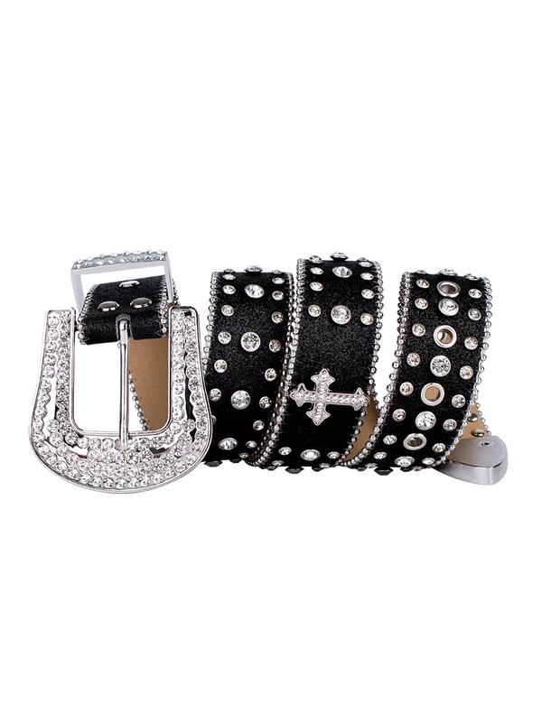 Rhinestone & Cross Decorated Grommet Belt, Punk Style Grommet Eyelet Design Belt for Men & Women, Fashion Belt for Daily Clothing Decor, Trendy All-match & Exquisite Belt for Birthday Gift