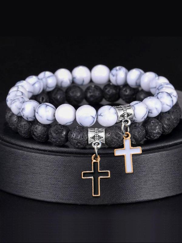 Fashion Cross & Bead Random Design Beaded Bracelet, Casual Simple Matching Bracelet for Men, Trendy All-match Jewelry for Party, Daily Clothing Decor for Gifts