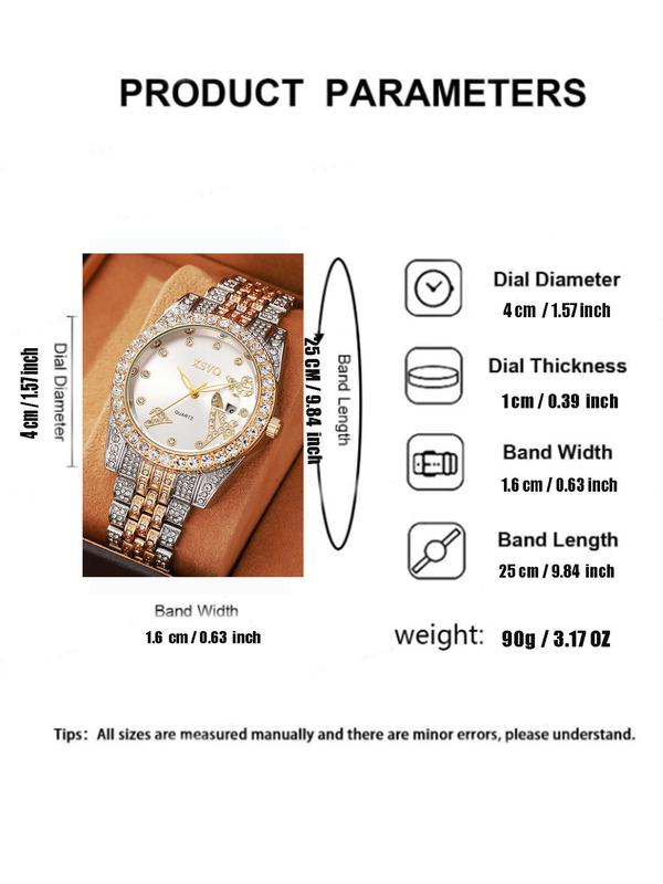 Women's Elegant Rhinestone Decorated Calendar Display Quartz Watch, Fashion Round Dial Analog Watch for Party, Daily Decor, Trendy All-match & Exquisite Watch for Birthday Gift without Box