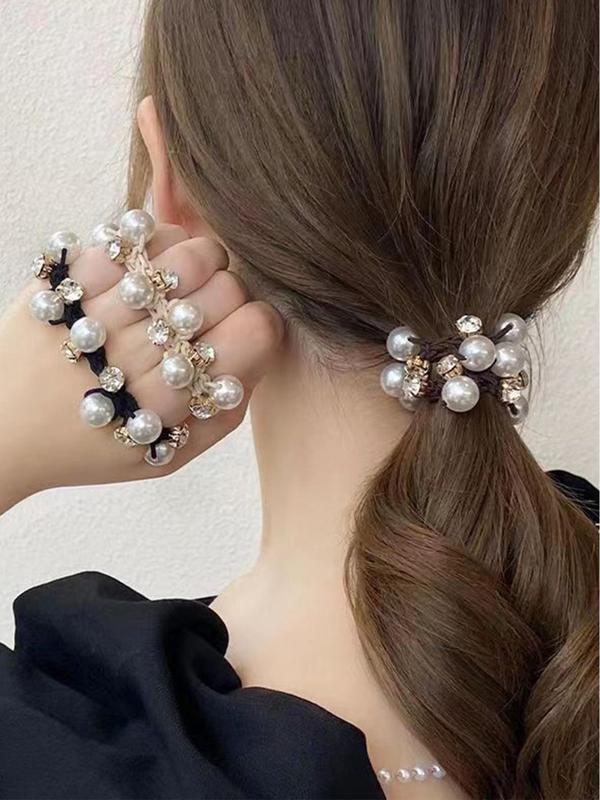 3pcs set Elegant Faux Pearl Decorated High Elastic Hair Tie, Rhinestone Decor Ponytail Holder, Casual Simple Plain Hair Accessories for Women