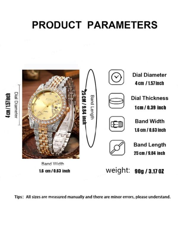 Women's Elegant Rhinestone Decorated Calendar Display Quartz Watch, Fashion Round Dial Analog Watch for Party, Daily Decor, Trendy All-match & Exquisite Watch for Birthday Gift without Box