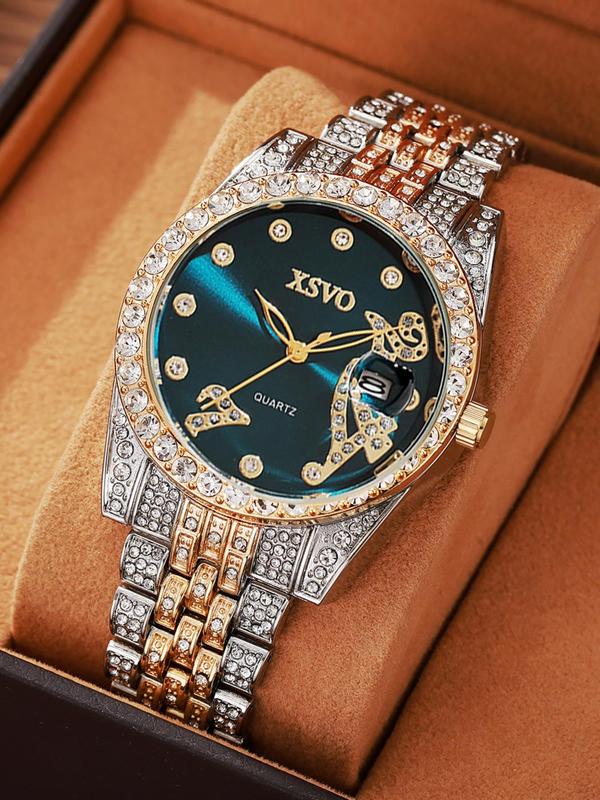 Women's Elegant Rhinestone Decorated Calendar Display Quartz Watch, Fashion Round Dial Analog Watch for Party, Daily Decor, Trendy All-match & Exquisite Watch for Birthday Gift without Box