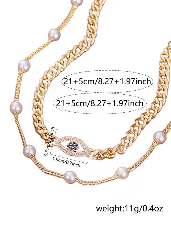 Women's Elegant Rhinestone & Faux Pearl Decor Anklets, 2pcs set Trendy Evil Eye Design Anklets for Women & Girls, Fashion Vintage Jewelry for Party & Daily Decor As Birthday Gift