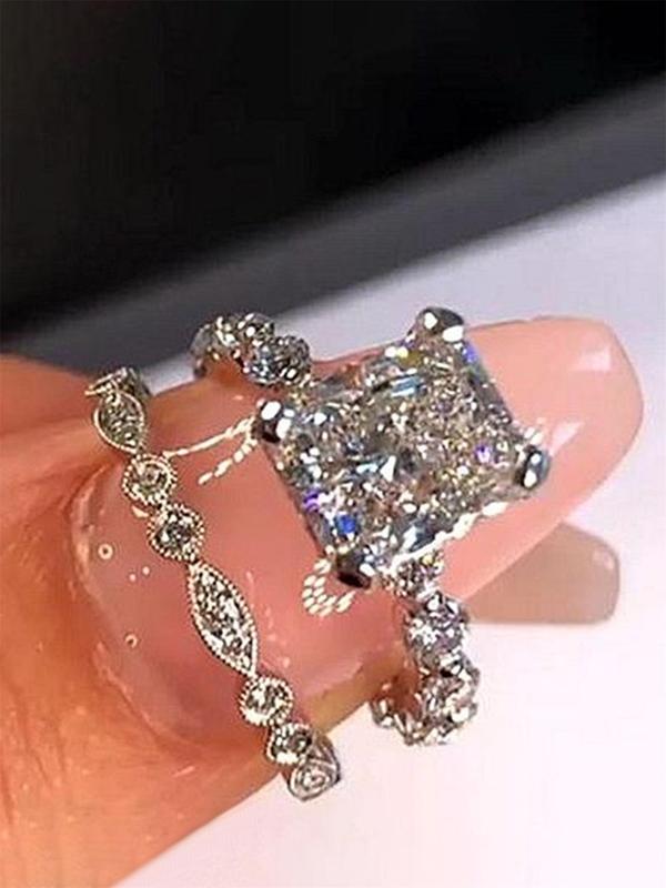 Women's Elegant Rhinestone Decorated Rings, 2pcs set Fashion Gorgeous Rings for Wedding Party, Engagement Gift for Women