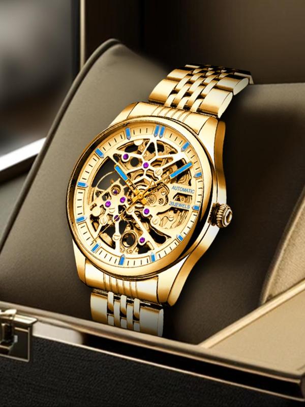 Men's Business Fashion Automatic Round Dial Mechanical Watch with Engraved Pattern, Elegant All-match Fashion Accessories for Girlfriend for Daily Wear, Exquisite Accessories for Birthday Gifts