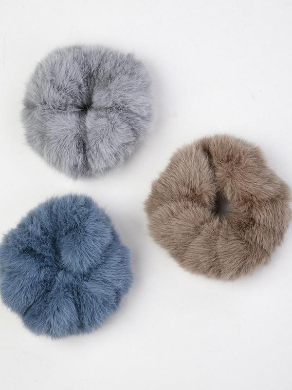 5pcs Faux Fur Solid Color Plush Hair Tie, Elegant Fashionable Hair Accessories For Women & Girls， All-match Ponytail Holder For Fall & Winter