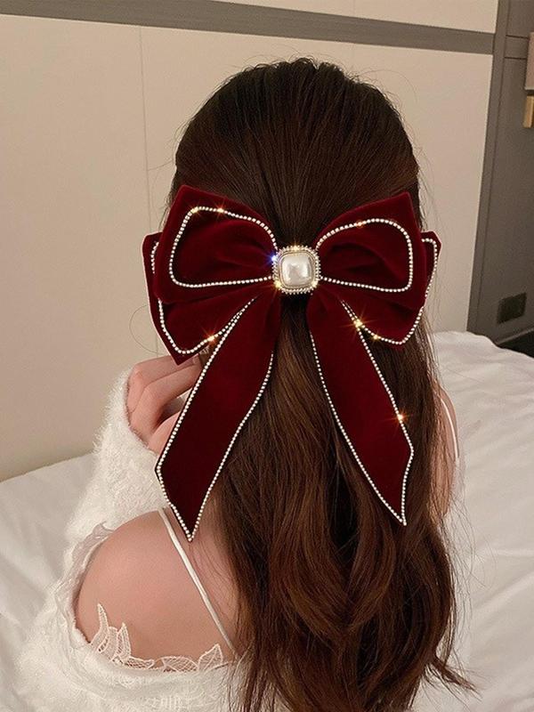 Women's Elegant Rhinestone & Faux Pearl Decor Hair Clip, Trendy Exquisite Bowknot Hair Clip, Chic Hair Accessories for Hairstyle Decor