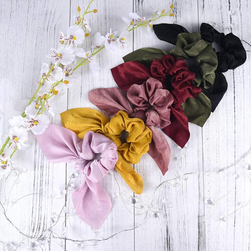 6PCS Hair Scrunchies Satin SilkRabbit Bunny Ear Bow Bowknot Scrunchie Bobbles Elastic Hair Ties Bands Ponytail Holder for Women Accessories