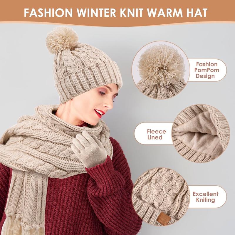 Women Winter Knit Warm Hat Beanie Scarf Gloves Set Pom Fleece Lined Hat with Long Knit Scarf, Neck Warmer Touchscreen Gloves