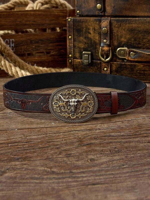 Boho Style Cowboy Bull Head Decorated Belt, Vintage Western Belt for Men & Women, Fashion Accessories for Daily Wear