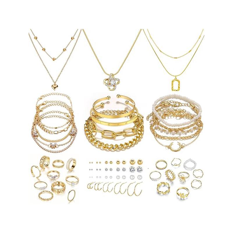 36 PCS Gold Plated Jewelry Set with 4 PCS Necklace, 11 PCS Bracelet.