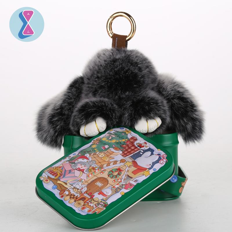 bunnylulu Handmade Fluffy BunnyPomPom Keychain with Tin Box,Gifts for Christmas present，Holiday woman key perfect gift fashion keychain, gifts for mom