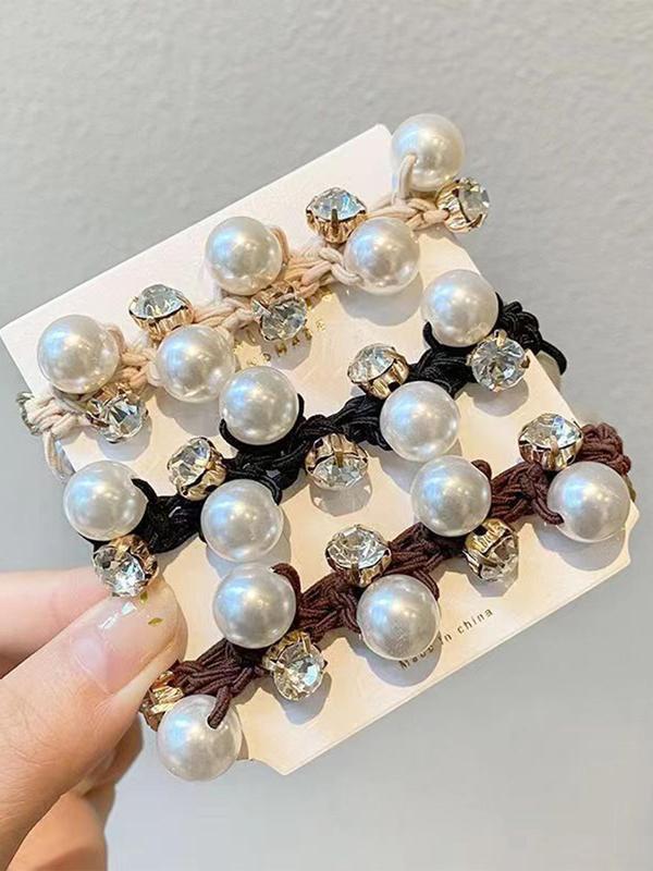 3pcs set Elegant Faux Pearl Decorated High Elastic Hair Tie, Rhinestone Decor Ponytail Holder, Casual Simple Plain Hair Accessories for Women