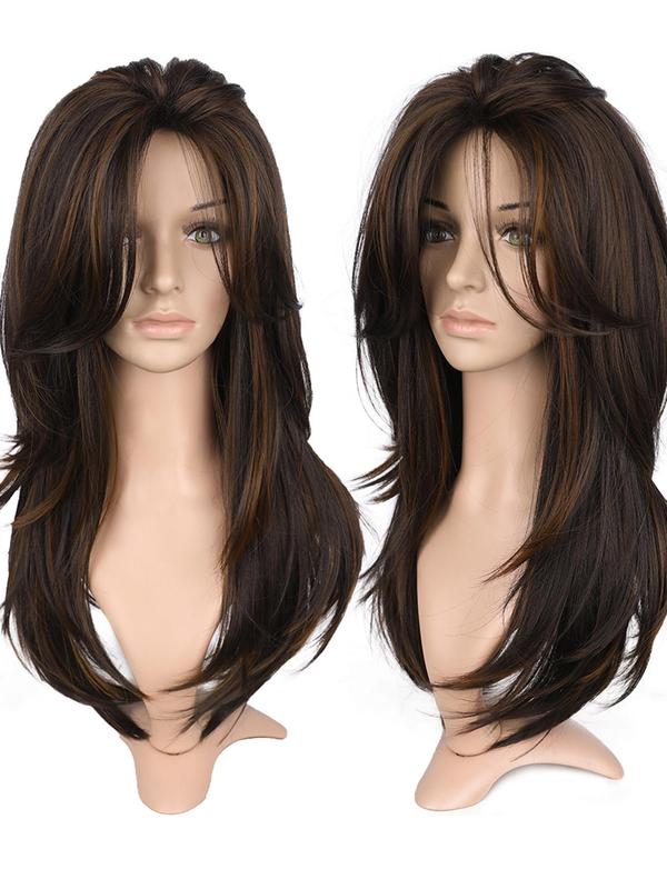 22 Inch Layered Mixed Brown Yaki Straight Synthetic Wig, Kinky Straight Highlight Wig with Layered Bangs, Heat Resistant Fiber Wig for Women