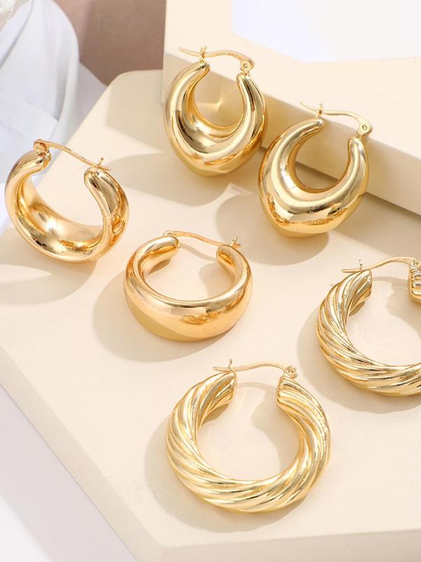 3 Pairs Fashion Elegant Simple Geometric Design Hoop Earrings For Women, Trendy Twist Zinc Alloy Ear Jewelry For Party