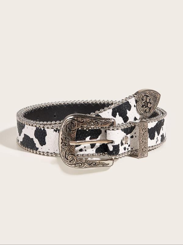 Women's Cow Print Western Belt, Fashion Vintage Style Flower Engraved Belt for Daily Clothing Decor, Trendy All-match & Exquisite Belt for Birthday Gift