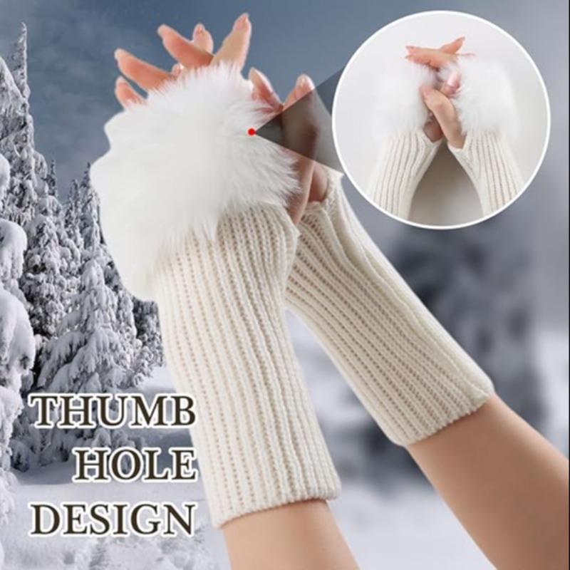 Women's Winter Fingerless Gloves, 1 Pair Knitted Sleeve Hand Gloves with Thumb Hole, Faux Fur Wrist Short Cuff Gloves