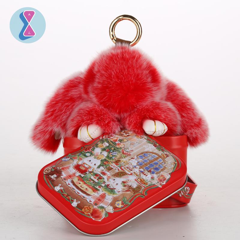 bunnylulu Handmade Fluffy BunnyPomPom Keychain with Tin Box,Gifts for Christmas present，Holiday woman key perfect gift fashion keychain,gifts for mom