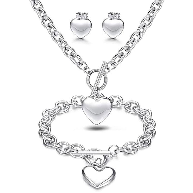 3-piece Heart-shaped Pendant Necklace Switch Chain Heart-shaped Bracelet Heart-shaped Stud Earrings Women's Stainless Steel Charm Love Jewelry Set Halloween