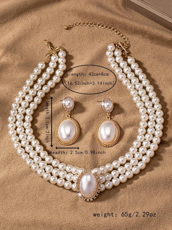 Women's Elegant Faux Pearl & Rhinestone Decorated Necklace & Dangle Earrings, Exquisite Trendy Jewelry Set, Fashionable Jewelry Set for Party Decoration