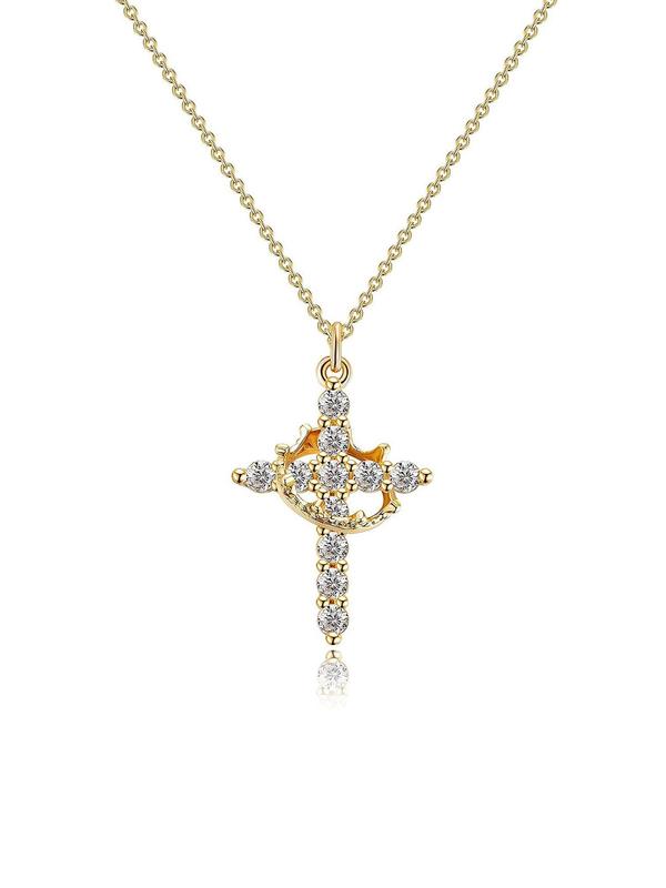 Fashionable Hollow Out Crown & Cross Design Pendant Necklace for Women, Trendy All-match & Exquisite Jewelry for Birthday Gift